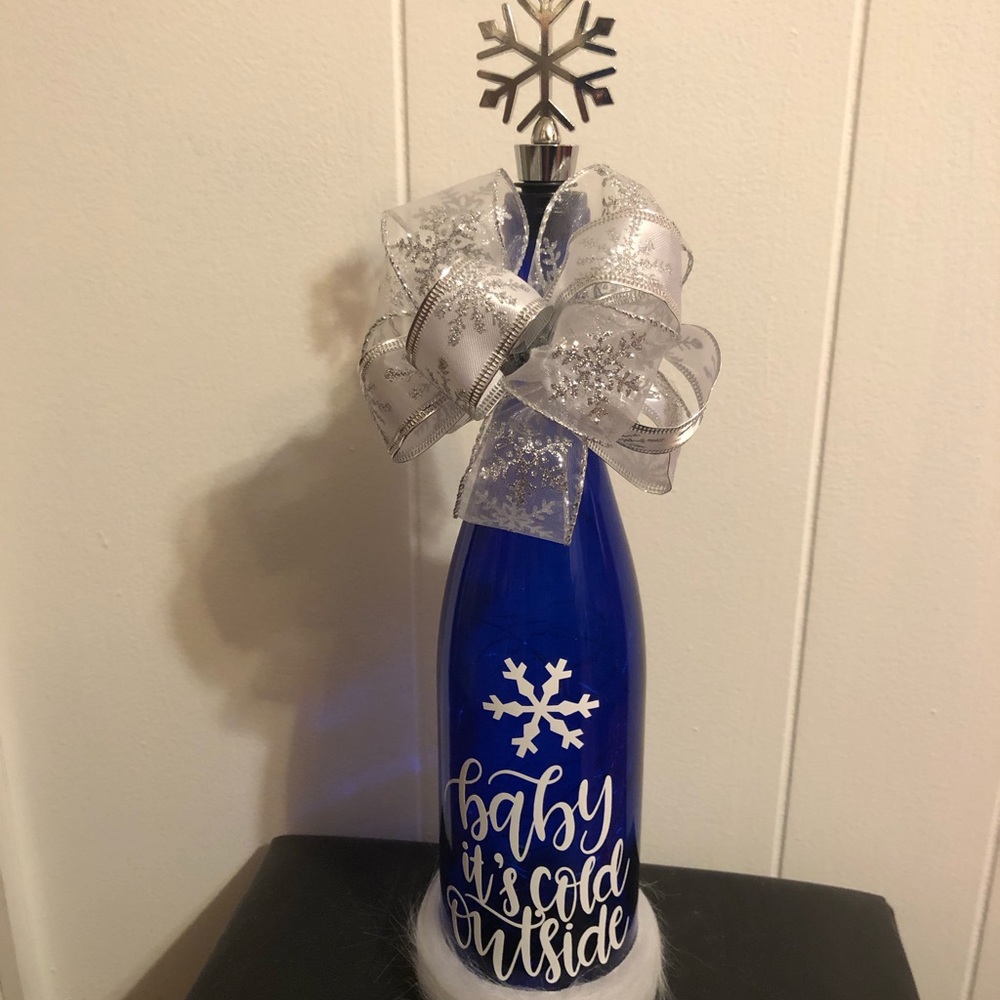 Handcrafted Custom Light-up Blue w/ White “Snow” Wine Bottle Lamp. A Great Gift!